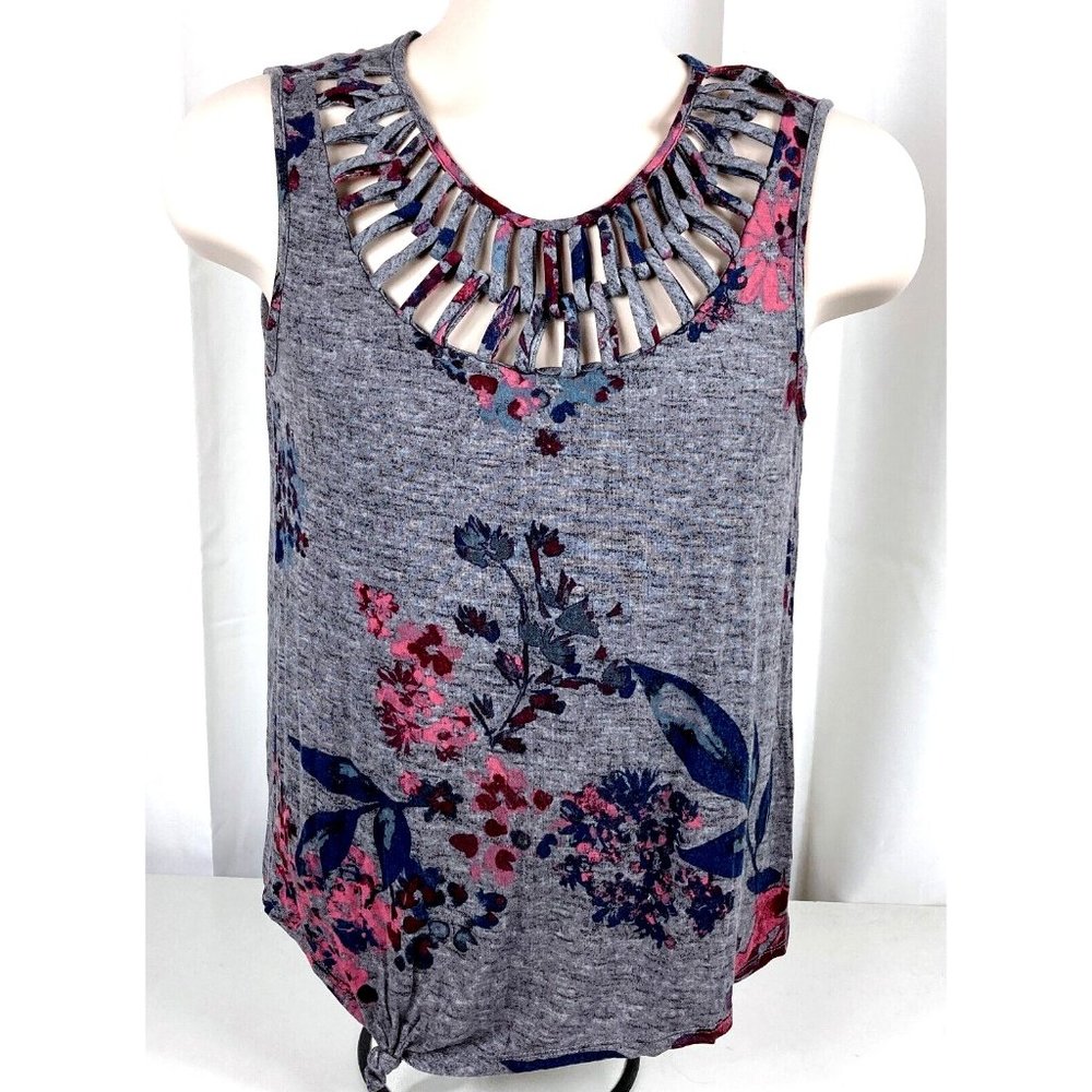 Maurices Floral Lattice Neckline Knotted Front Tank Small Gray Rayon Blend